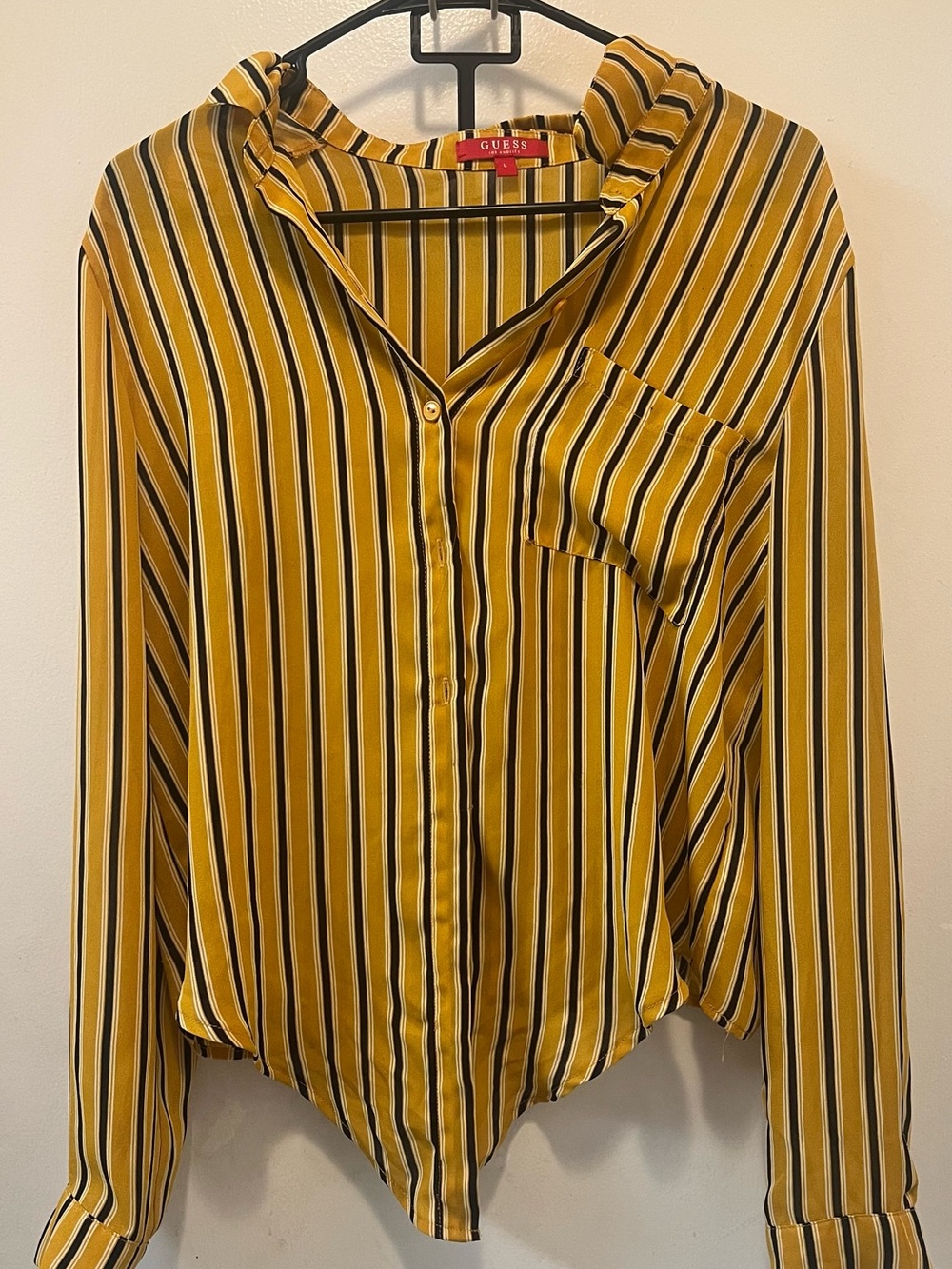 GUESS Yellow and Black Striped Button-Up Blouse